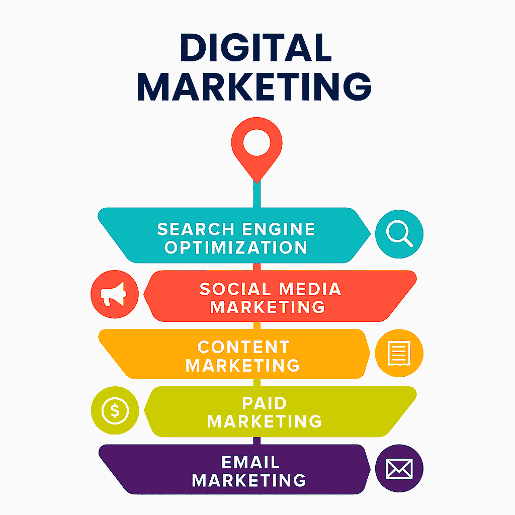 Core branches of digital marketing: SEO, social media, content marketing, paid advertising diagram
