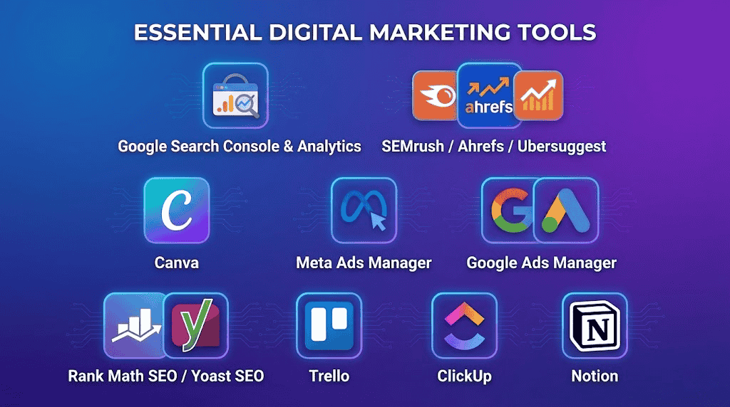 Dashboard view of essential digital marketing tools for SEO, content, social media, and analytics on multiple screens