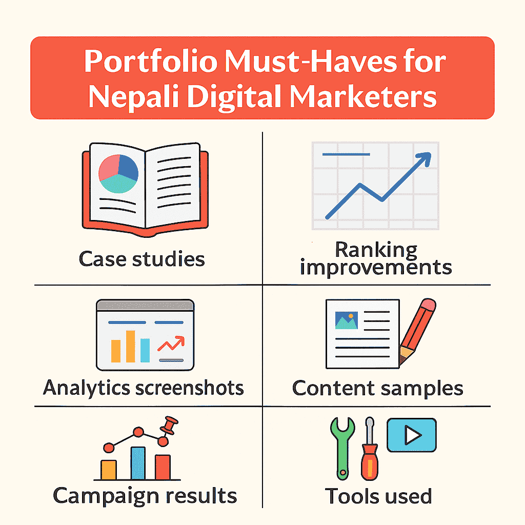 Professional digital marketing portfolio checklist with icons for case studies, metrics, and skills