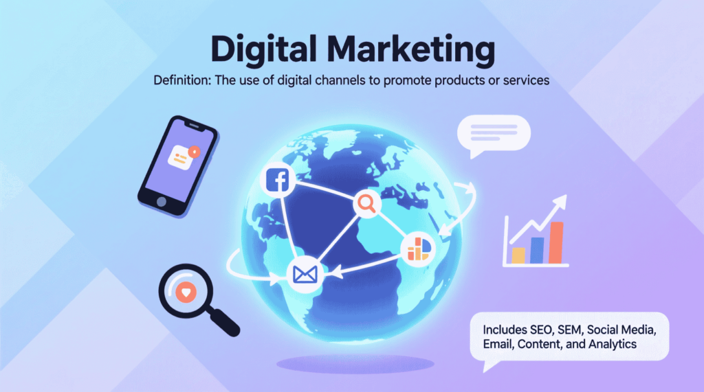 Overview illustration explaining digital marketing fundamentals