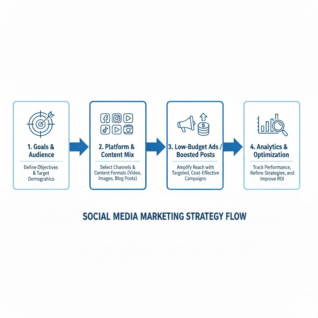 Flowchart showing four steps of effective social media marketing strategy in Nepal: Goals & Audience, Platform & Content Mix, Low-Budget Ads, Analytics & Optimization